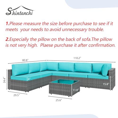 Shintenchi 7 Pieces Outdoor Patio Furniture Sets, Patio Sectional Sofa Couch, Silver Gray PE Wicker Furniture Modular Patio Conversation Sets Patio Sofa with Washable Cushions & Coffee Table (Blue)