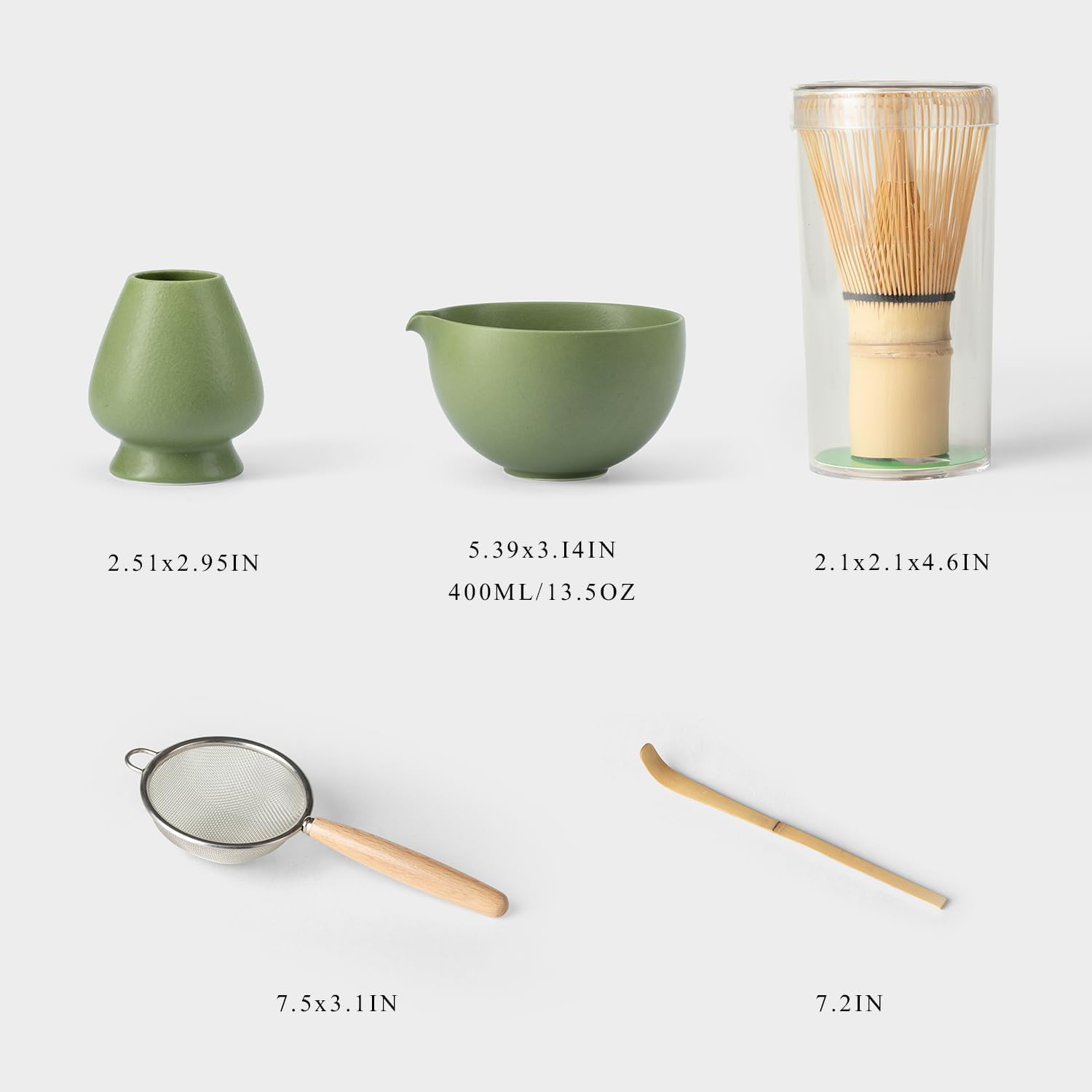 Matcha Whisk Set, Matcha Set with Ceramic Matcha Bowl, Bamboo Whisk & Holder, Sifter, Tea Scoop (Matcha Green)