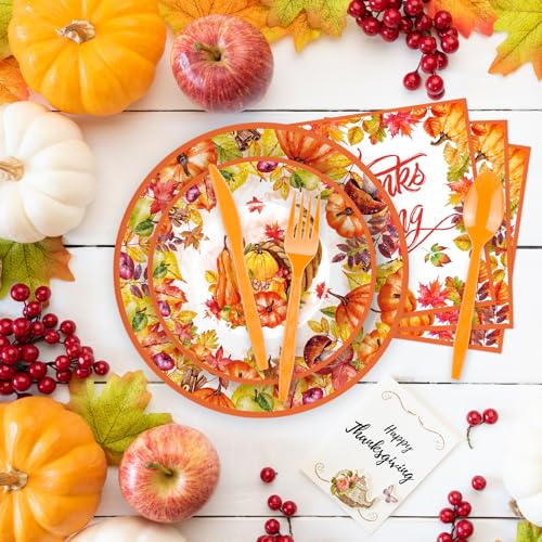 175-Pcs-Thanksgiving-Tableware-Set-Serves-25-Harvest-Themed-Disposable-Plates-Cups-Napkins-Plastic-Forks-Spoons-Knives-for-Thanksgiving-Day-Dinner-Fall-Party-Supplies-Autumn-Gatherings 175 Pcs Thanksgiving Tableware Set Serves 25 Harvest Themed Disposable Plates Cups Napkins Plastic Forks Spoons Knives for Thanksgiving Day Dinner Fall Party Supplies Autumn Gatherings