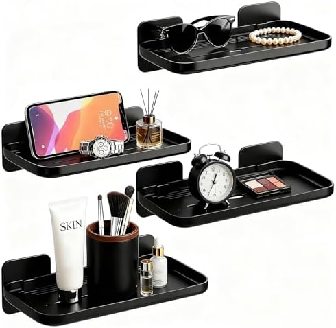 2 Pack Adhesive Floating Shelves No Drill Small Floating Shelf for Wall Storage Damage-Free Wall Mounted Organizer for Bathroom, Kitchen, Bedroom & Office (Black-4pcs)