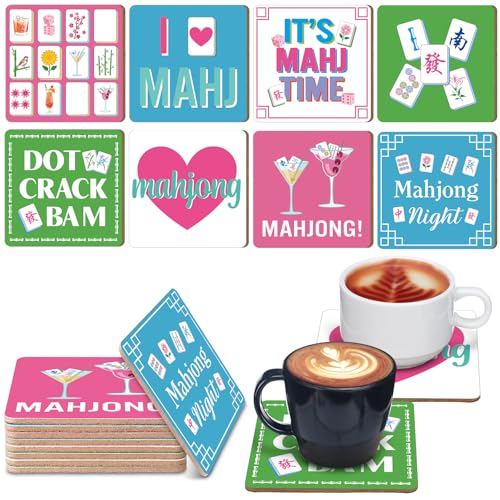 Image of Patelai 8 Pcs Mahjong Coasters, 3.94" x 3.94" Drink Coasters Colorful Mah Jong Gift and Accessories for Mahjong Cup, Drink, Table Game or Game Night Party Supplies Decoration (Cute)