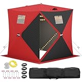 FinerFurnis Pop-Up Ice Fishing Shelter for 3-4 Persons,Portable Insulated Ice Fishing Tent with 49ft LED Light Strip,Carry Bag & Anchors,34 Sq ft Fishable Area, Windproof,Red+Black