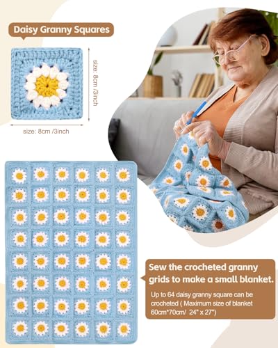 Image of Katech Crochet Kit for Beginners - Granny Square Blanket with Daisy Squares, Step-by-Step Tutorials - Blue