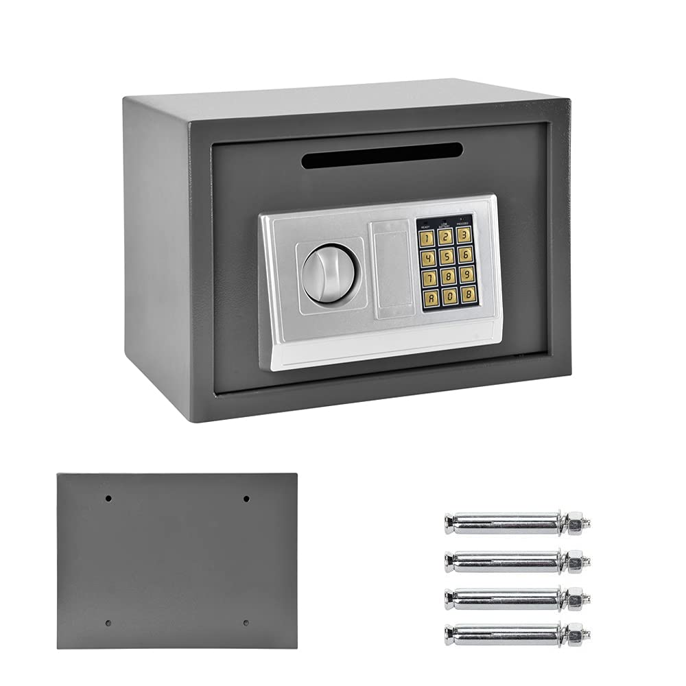 Cassaforte elettronica 16L con chiave e password, costruzione in acciaio, cassaforte digitale per casa, ufficio e hotel, fissaggio a parete e pavimento, 25 x 35 x 25 cm, grigio
