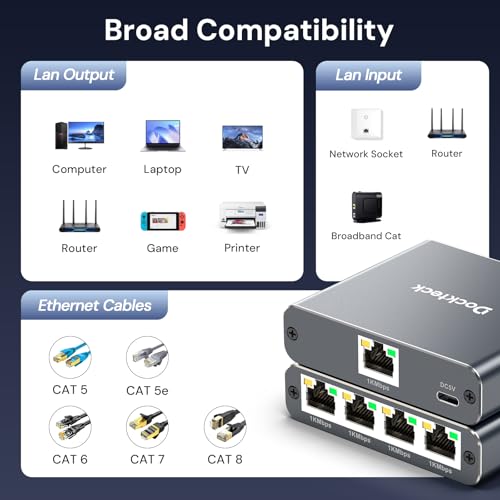Image of Ethernet Splitter 1 to 4 1000Mbps, Dockteck Internet Cable Splitter 1 in 4 Out High Speed Switch Network Gigabit for LAN RJ45 Port Router Switch Work with Cat5 /5e /6 /7 /8 Cable (Silver Grey)