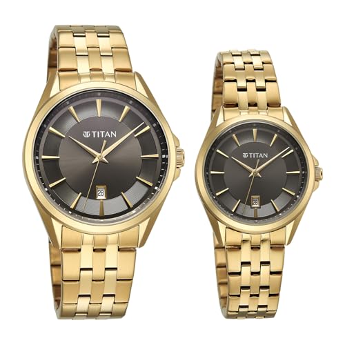 Image of Titan Modern Bandhan Pair Analog with Black Dial Yellow Gold Stainless Steel Strap Watch for Couples - 9401594215YM01