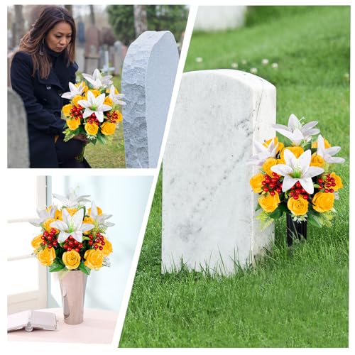 Artificial Cemetery Flowers with Vase, Set of 2 Rose Lily Bouquet Graveside Decoration, Artificial Memorial Flowers for Easter Mother's Day Arrangements (Yellow) image 6