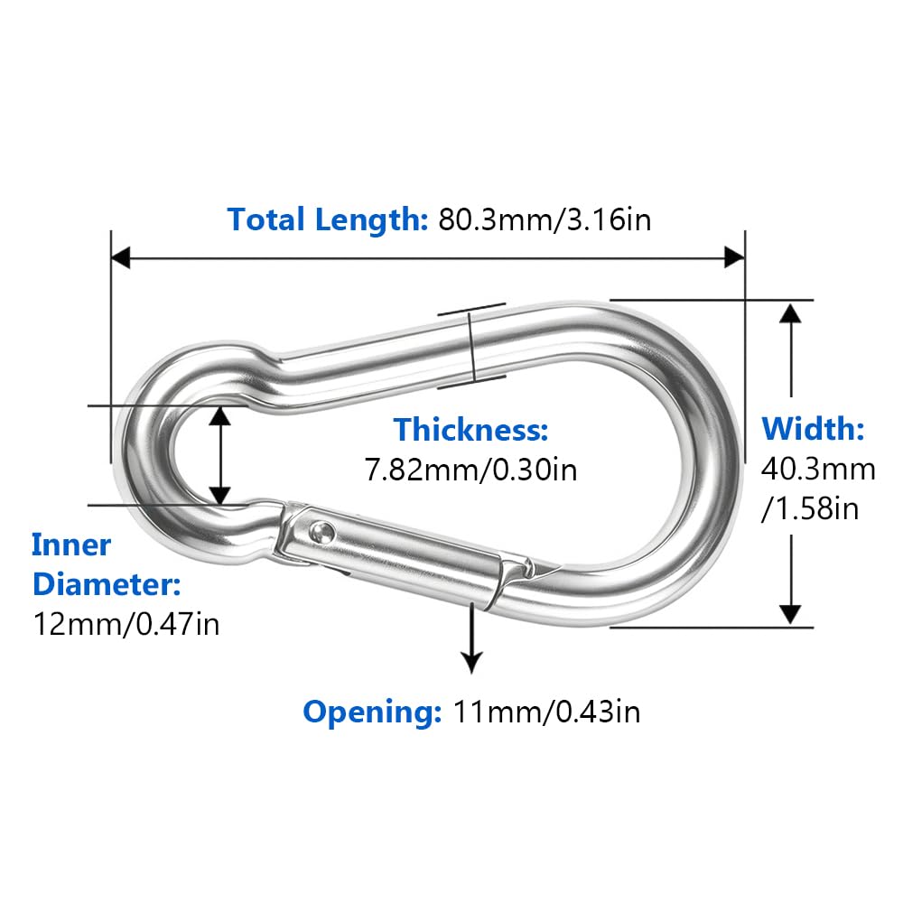 20 Piezas de Mosquetones de Resorte, M4 40.7mm de Acero Inoxidable con Capacidad de Carga de 54KG para Camping al Aire Libre, Senderismo, Hamacas y Correas de Perro