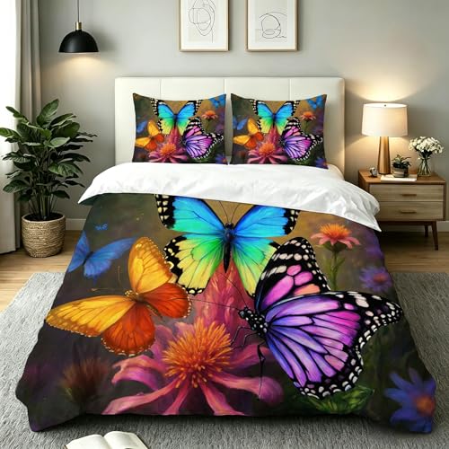 Gumntun Funda Nórdica 135x200 cm Mujer con Mariposas Flores, 3D Impresión Fundas de Edredón con Cierre de Cremallera, 3 Piezas Microfibra Juego de Ropa de Cama, 2 Funda de Almohada 50x75 cm_B19874