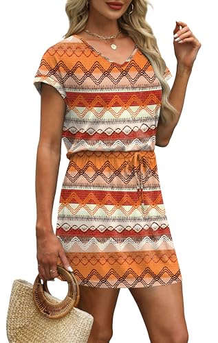 Image of OFEEFAN Summer Dresses for Women 2026 V Neck T Shirt Casual Mini Dresses Tie Waist Sundresses with Pockets