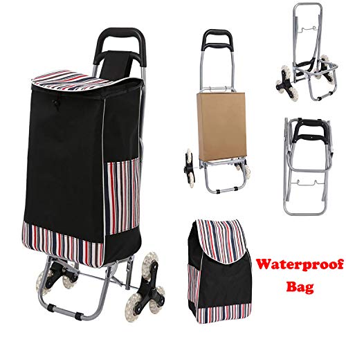 Hopekings Chariot de Course à 6 Roues, Poussette de Marché Pliable Caddie, Capacité 30kg, Caddie à Sac étanche Amovible, Panier Montant escalier (Noir)