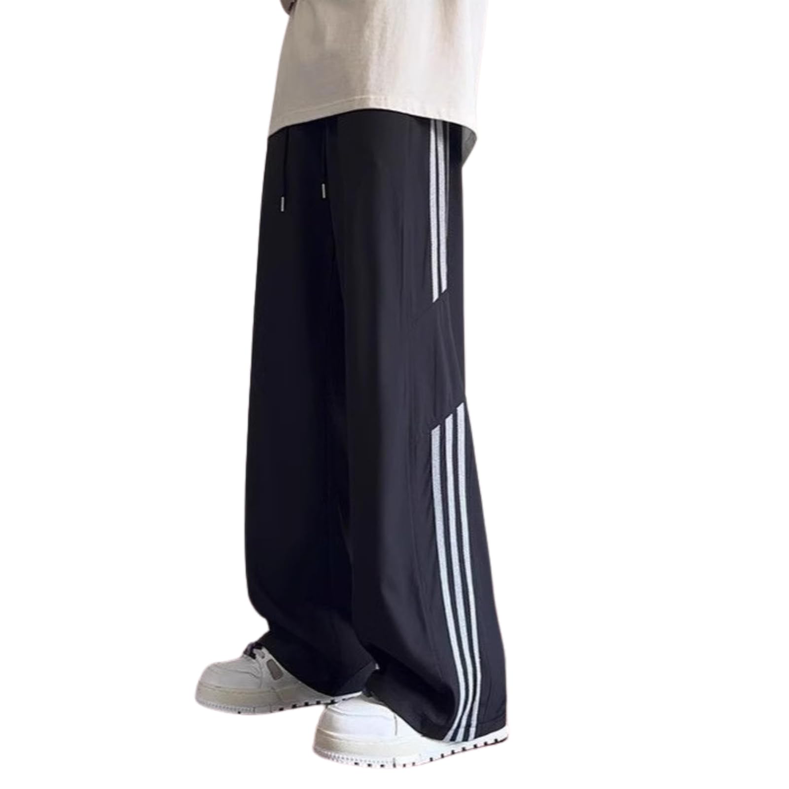 HOKMAH Striped Wide Leg Pants for Women Men y2k Summer Trendy Lightweight Lounge Trousers Elastic Waist Loose Fit Streetwear (Black,X-Large)