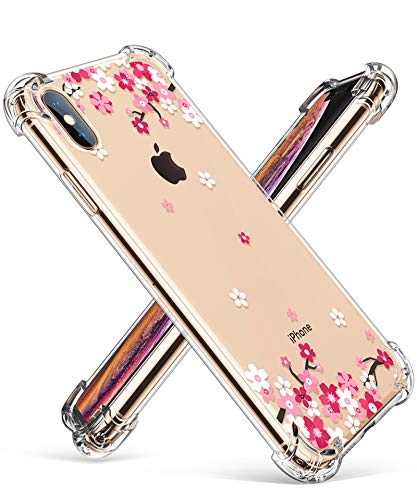 GVIEWIN Compatible for iPhone Xs/X Case, Clear Flower Pattern Design Soft & Flexible TPU Ultra-Thin Shockproof Transparent Floral Cover, Cases iPhone X/iPhone 10 (Peach Blossom/Pink)