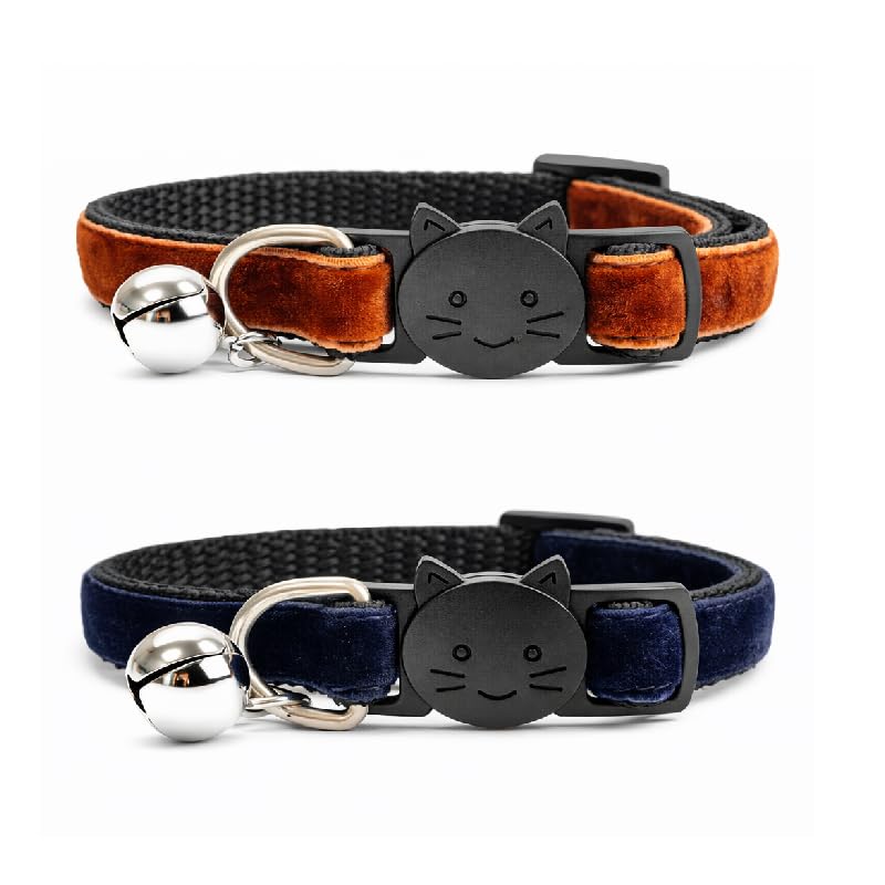 Velvet Cat Collars with Bell. Safe Quick Release Breakaway Buckle | Zacal Cat Collars (Brown & Navy Blue, Pack of 2)