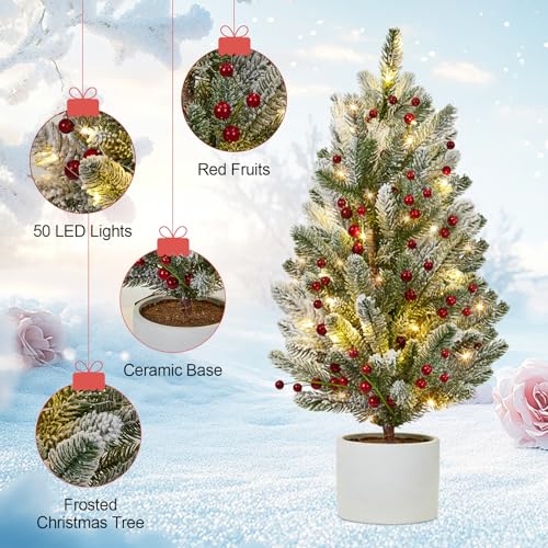 24 Inch Pre-lit Table Top Christmas Tree with Lights, Artificial Small Green Christmas Tree with Cement Basin Base, Miniature Pine Christmas Trees for Table Office Dorm Desk Decorations