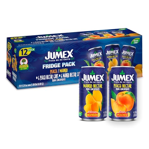 Image of Jumex Mango Nectar Juice & Peach Nectar - Made with Fresh Fruit Puree - Tropical Fruit Juice Concentrate for Smoothie Mix, Cocktail Mixers & Kids Beverages - 11.3oz, 12 Pack Canned Drinks
