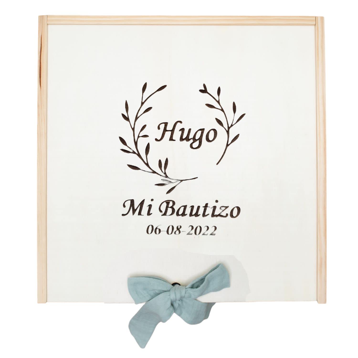 Kit de vela y pañuelo personalizado para Bautizo - Incluye caja de madera grabada – Pack de vela decorada y Paño bordado con nombre y fecha del Bautismo - Modelo Bambula (Verde menta)