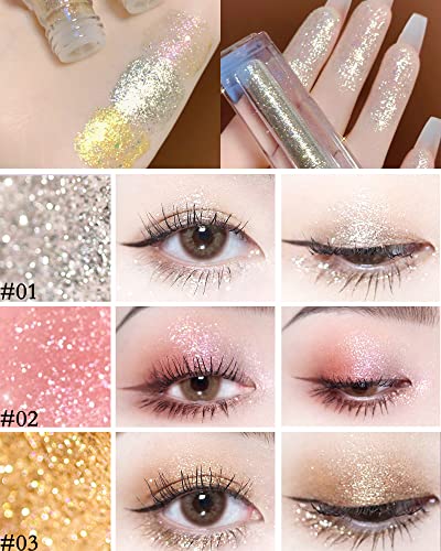 3 Colors Liquid Glitter Eyeshadow Set, Waterproof Metallic Shimmer Sparkling Eyeshadow, Silver Gold Pink Diamond Eye Shadow Stick, Long Lasting Glow Eye Shadow, Korea Eye Makeup Gift For Women-A #TOP1