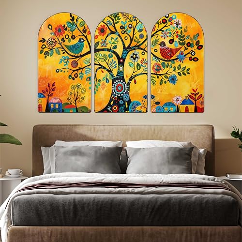 Image of Livin'luxe Set of 3 Folk Art Tree of Life Wall Painting for Living Room, Bedroom, Hotels - Big Size stylish frame 50 inch x 30 inch Wall Art for Home Decoration RPNL-27