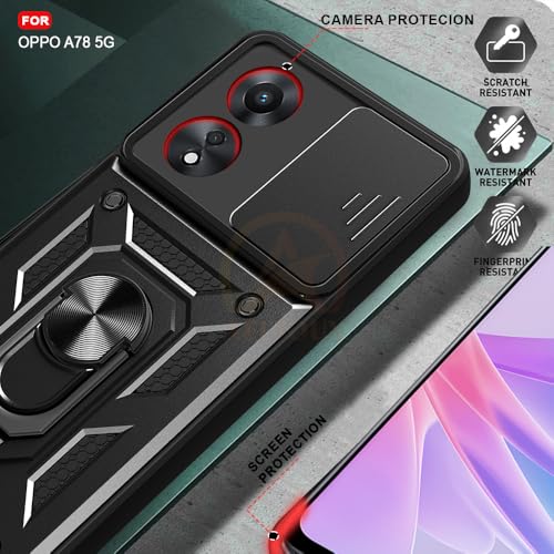 Image of Armor Bumper Back Cover Case for Oppo A78 5G Rotating Camera Cover, Ring Holder & Kickstand | Heavy Duty & 360 Degree Protection Oppo A78 5G Back Cover (Black)