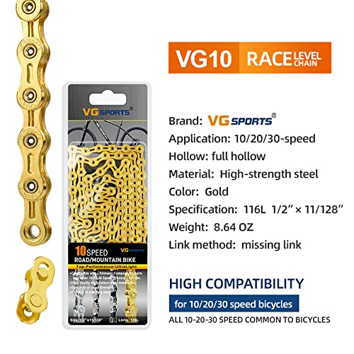 VG SPORTS Cadena de bicicleta de velocidad 6/7/8/9/10/11, cadena de bicicleta ligera de media hueca, para bicicleta de montaña, bicicleta de carretera, 1/2 × 11/128 pulgadas, 116 enlaces