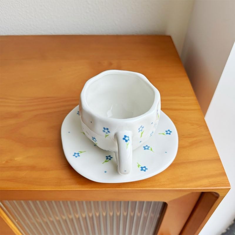 Handmade Irregular Cup Mouth Ceramic Floral Cup Banquet Afternoon Tea Cup Saucer Set