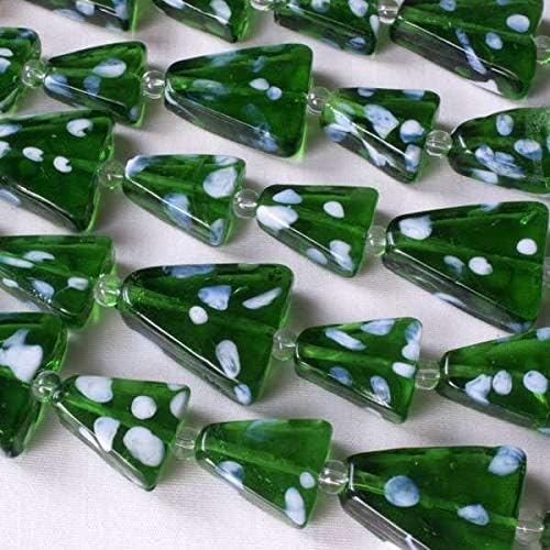 Handmade Lampwork Glass Beads Green Triangle Trees with White Snow - 15x18mm and 19x20mm