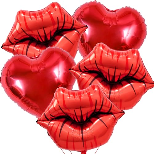 5 Packs Red Heart Red Lips Balloons for Makeup Themed Anniversary Halloween