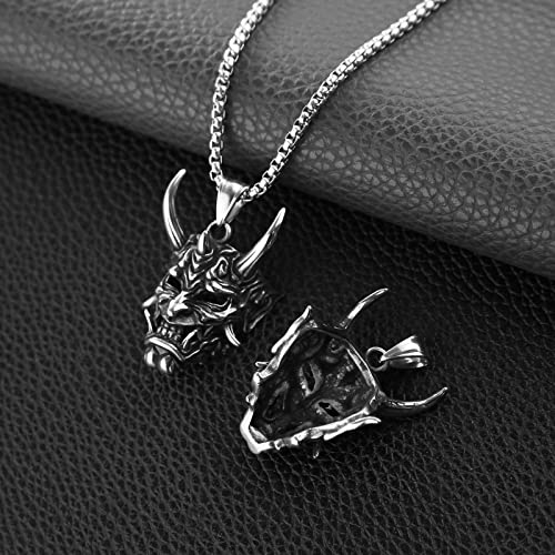 HZMAN Gothic Necklace for Men Prajna Mask Stainless Steel Silver Evil Demon Ghost Horn Skull Pendant4