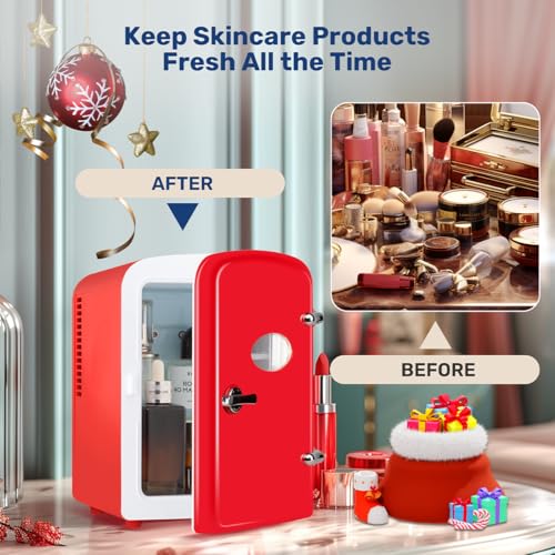 Image of HealSmart 4L Mini Fridge with Observation Window, 6 Can Capacity, Freon-Free and Portable Cooler and Warmer, Cosmetics /Food /Beverage, Red New