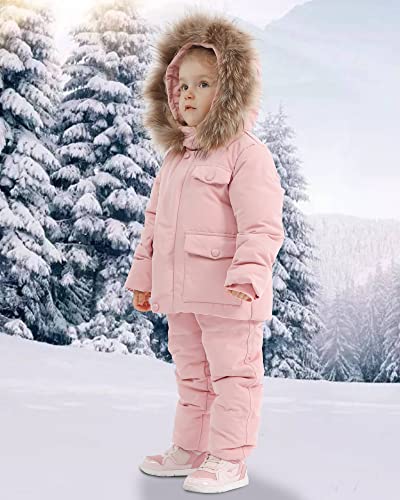 YUEMION Toddler Girl Snowsuit 2Pcs Kids Down Jacket Winter Hooded Coat +Snow Bib Pants Kids Windproof Skiing Suit (2T/6T)3