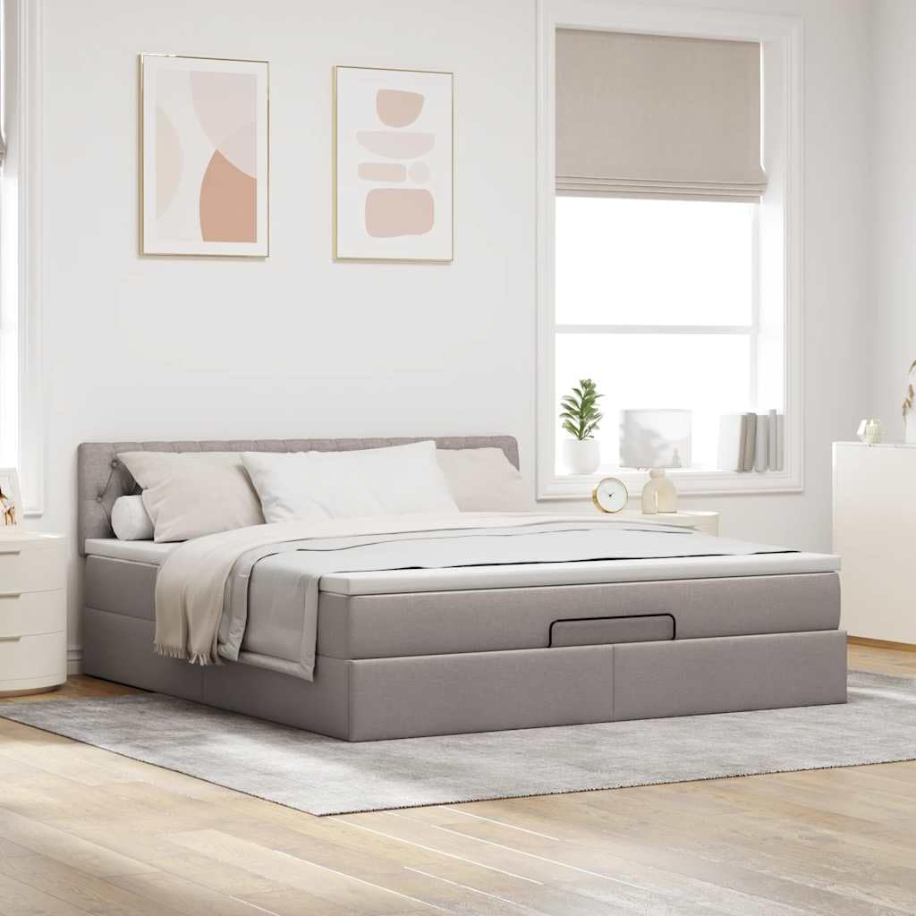 Łóżko tapicerowane z miejscem do przechowywania 180 x 200 cm, łóżko materiałowe taupe, łóżko otomowe z materacem i sprężynami kieszeniowymi, łącznie ze stelażem