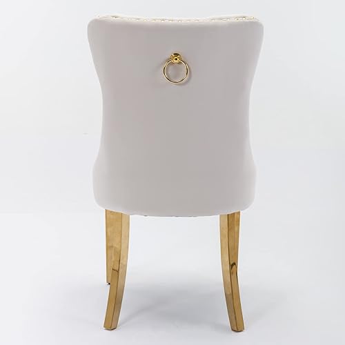 Miniatura 8 de SSLine Juego de 2 sillas de comedor modernas de lujo, sillas de comedor copetudas de terciopelo beige con patas de acero inoxidable dorado y ribete