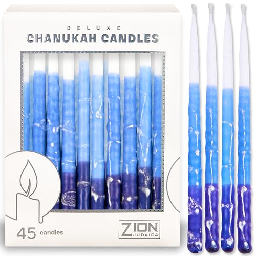 Deluxe Chanukah Candles for Menorah Set of 45 Multi Blue & White Frosted 1-Hour Decorative Hanukkah Candles Thin Tapered Candle with DIY Dreidel Prayer Song Card by Zion Judaica