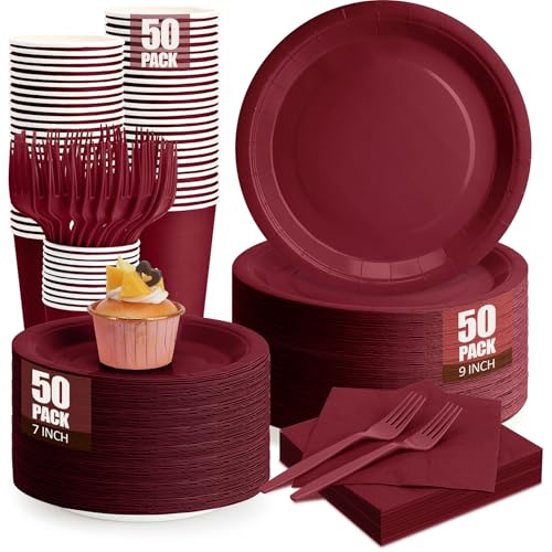 CENLBJ 250Pcs Burgundy Paper Plates and Napkins Supplies, Include 9’’Paper Party Plate, 7’’Dessert Plates Cups Napkins Forks Sets for Birthday, Anniversaries, Wedding, Picnics, Serves 50