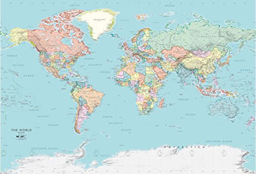 Academia Maps - World Map Wall Mural - Blue Ocean Detailed Political Map - Premium Self-Adhesive Fabric