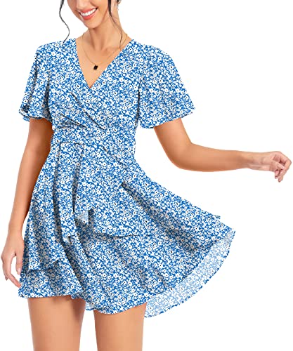 Image of PCEAIIH Women's Cocktail Dresses Short Sleeve Empire Skater Dress Deep V-Neck Waist Tie Ruffle Mini Swing Dresses L Floral Blue