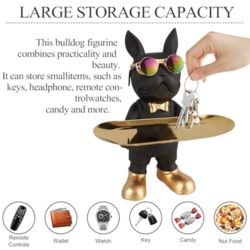 Huhote Bulldogge Skulptur Mit Tablett - Französische Bulldogge Deko, Hund Schlüssel Schale, Figur Statue für Flur, Wohnzimmer, Büro, Eingangsbereich, Desktop Ornament (Schwarz)