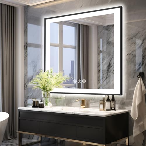 36x36 Square Lighted Bathroom Mirror, Wall-Mounted, Black Rim Mirror, Vanity(Front and Backlit), Stepless Dimmable CRI90+, Anti-Corrosion, Anti-Rust, Touch Sense, Memory(Horizontal/Vertical)