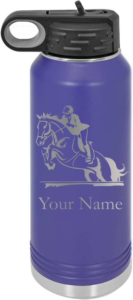 CustomGiftsNow Hunter Jumper English Style Horse Personalized Custom Engraved Double Wall Vacuum Hot/Cold Drinks Insulated Stainless Steel Boys/Girls Sports Team Water Bottle with Flip Top Lid, Straw