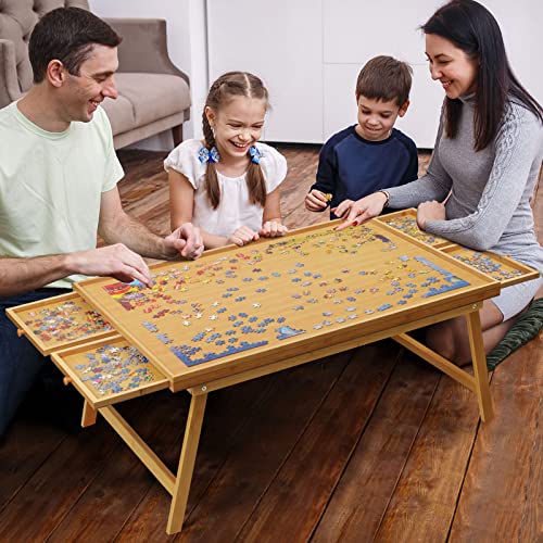 Folding Jigsaw Puzzle Board Table for Adults, 1500 Pieces Portable Puzzle Table with 4 Drawers and Legs, Bamboo Jigsaw Puzzle Table Accessories for Puzzle Storage, 26\" x 34\" Puzzle Tray Organizer