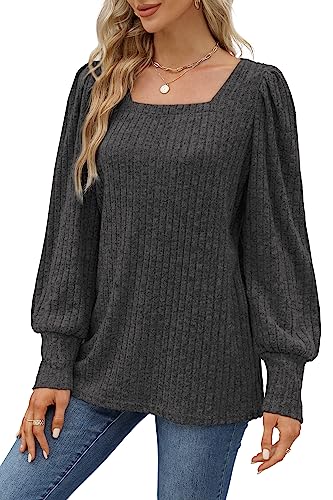 Image of WIHOLL Long Sleeve Shirts for Women Trendy Casual Square Neck Tops Lightweight Sweaters