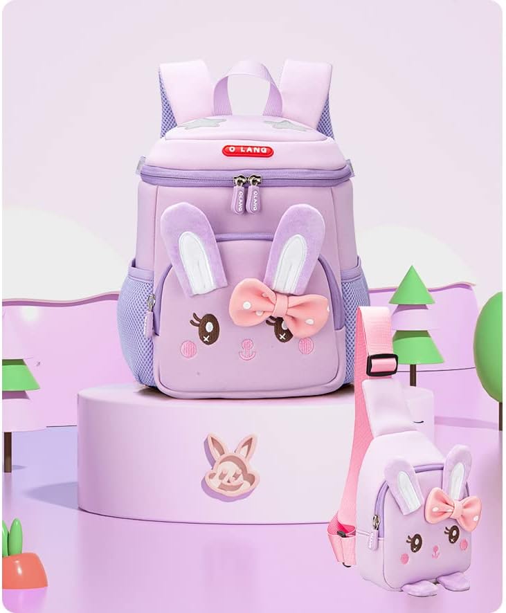 Miniatura 2 de Cute Bunny - Mochila y bolsa de hombro para niños, 2 piezas, ligera, antipérdida, mochila escolar pequeña, Mochila púrpura, Classic