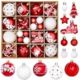FestiveBliss 42 Pcs Christmas Ornaments, Various Styles of Christmas Ball Ornaments, Christmas Balls for Holiday Xmas Tree Decor, Hanging Ornament for Indoor Decoration (Red & White)