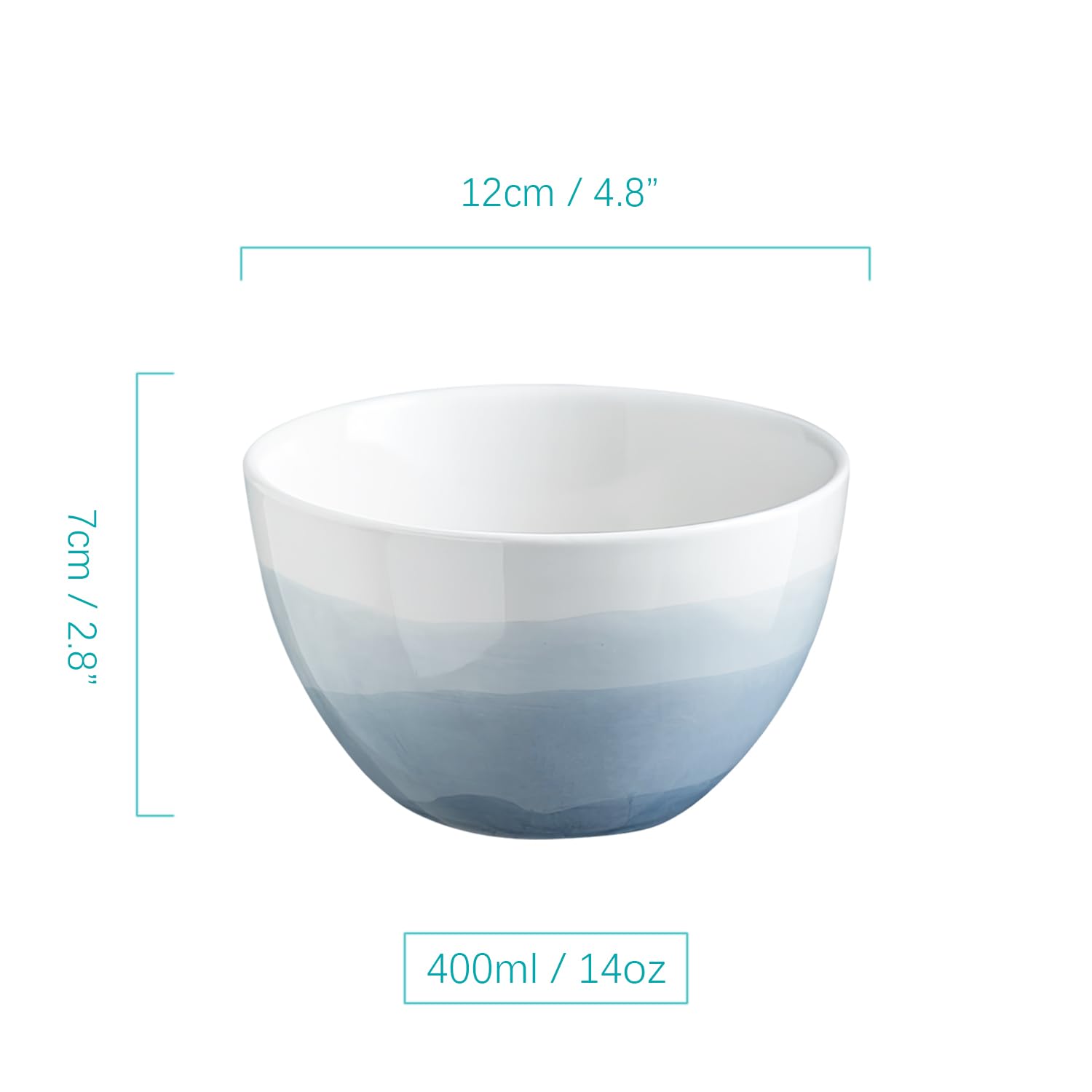 Großes Müslischüssel-Set, 400 ml, Suppenschüsseln, mikrowellengeeignet, Reisschalen, Frühstücksschalen, Keramik-Müslischalen (weiß und blau, 4 Stück)