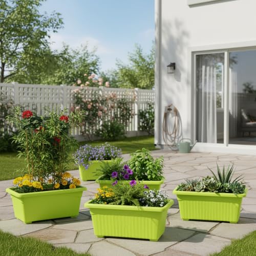 Image of Bianco Rectangular Plastic Pots for Plants, Jupiter Flower Pots for Home, Window Display, Garden (35 x 18.5 x 15 cm) (Green) (Pack of 5)
