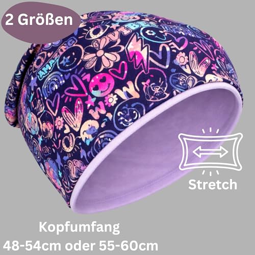 HECKBO Kinder Mütze & Loop Schal Set Flower Power Blume 95% Baumwolle Jersey weiches & pflegeleichtes Stretch Material Übergangszeit Größe 55–60 cm