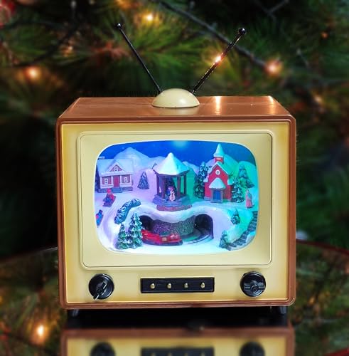 MOMENTS IN TIME 6" Retro TV Christmas Village Scene Animated Train, LED Lights, Plays 8 Classic Holiday Songs Battery Operated, Hand-Painted Polyresin Winter Décor Gift