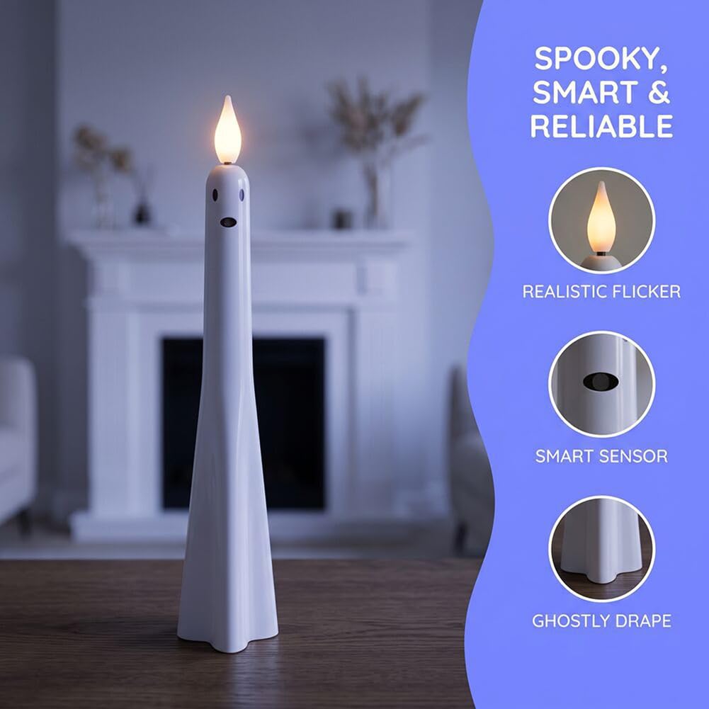 Bezpłomieniowe świece stożkowe na Halloween, z czujnikiem, zasilana bateryjnie świeca LED z migoczącym efektem płomienia, do dekoracji domu, na święta, imprezę (bez baterii), 12 szt