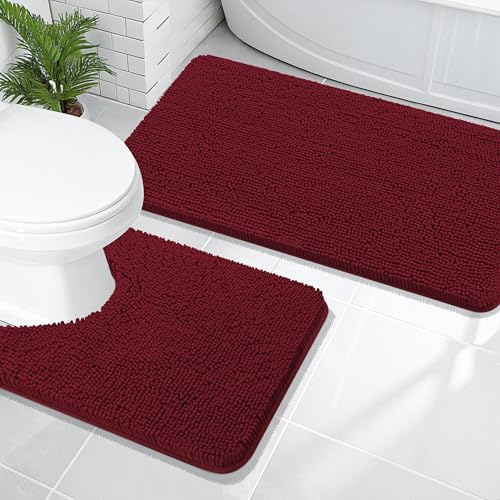 Image of OLANLY Bathroom Rugs Sets 2 Piece, Soft Absorbent Chenille Bath Mats and U-Shaped Contour Toilet Mat Area Rug Set, Machine Washable Bath Carpet, Home Decor Accessories(47 inchx20 inch+24 inchx20 inch, Burgundy)